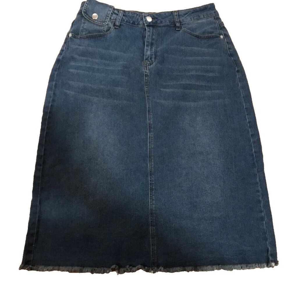 Allegra Denim Midi Skirt Size Large With Frayed Hem & Snap Button Detail